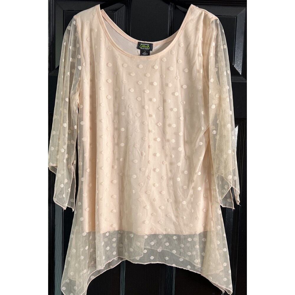 Shannon Ford New York 3/4 Sleeve Size L Blouse Sheer Polka Dot Pink Asymmetrical